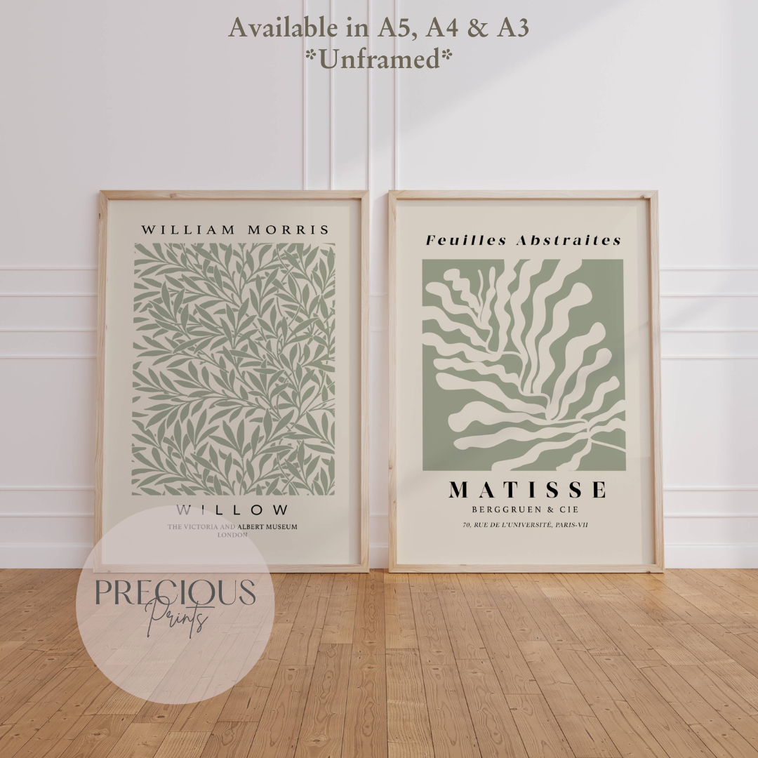 Set of 2 Matisse & William Morris 'Willow' Prints A5 A4 A3 Art Exhibition Sage Green Poster