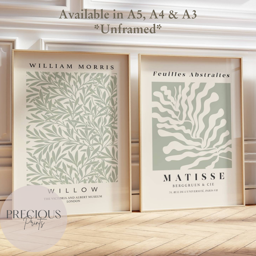 Set of 2 Matisse & William Morris 'Willow' Prints A5 A4 A3 Art Exhibition Sage Green Poster