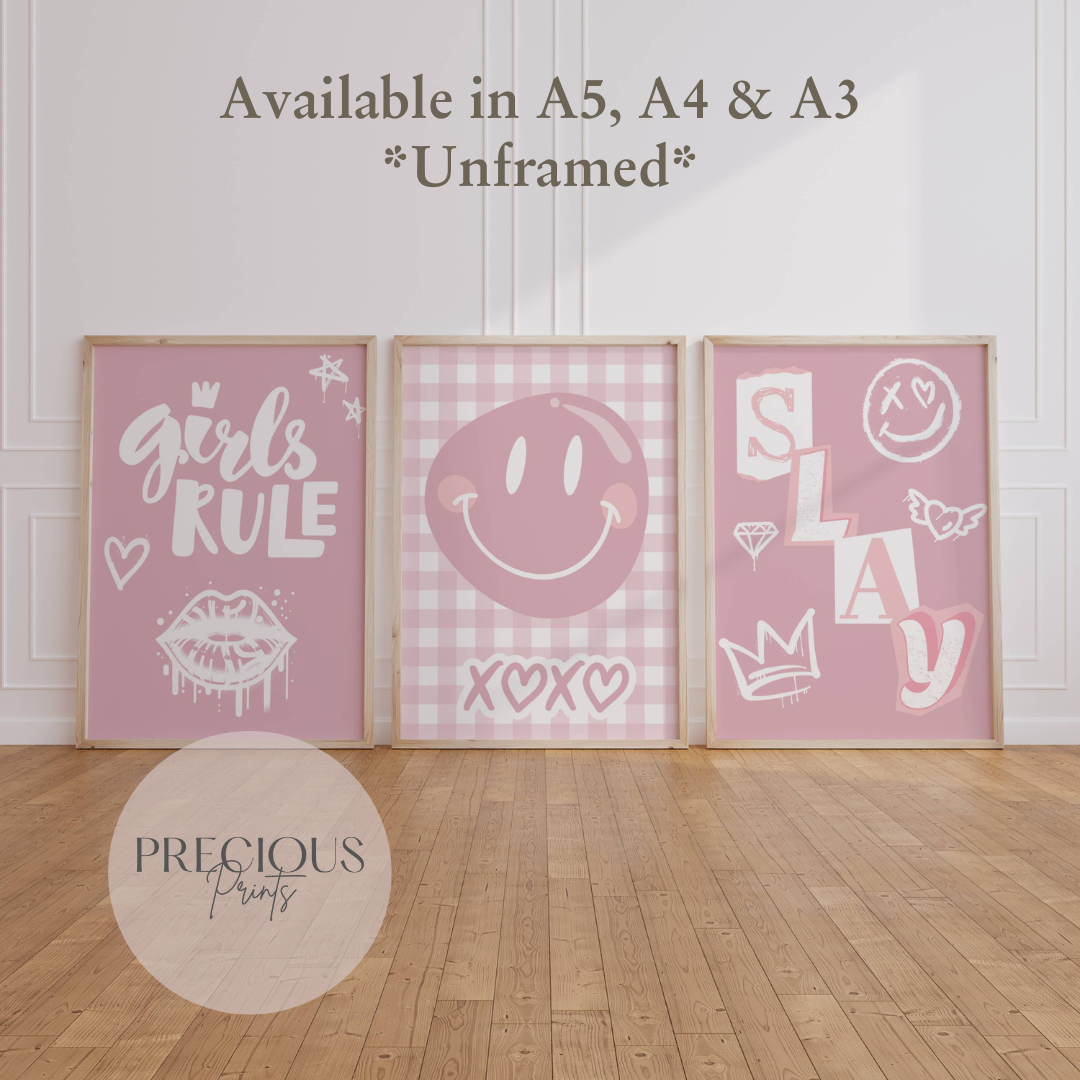 Set of 3 Pink Preppy Prints / Pink Slay Poster / Trendy Wall Art / Unframed
