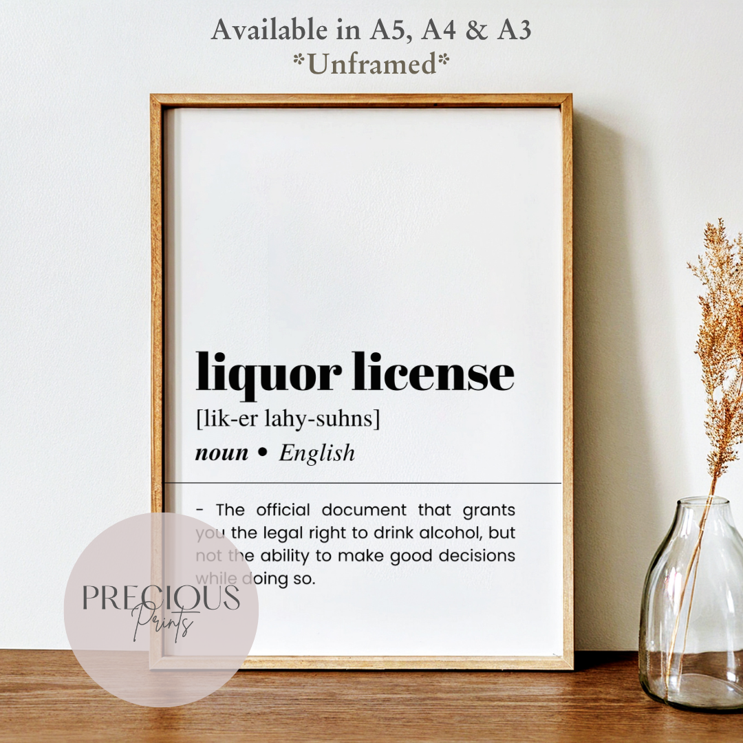 Liquor License Definition Funny Poster / Funny Kitchen pub poster / Funny Alcohol Poster