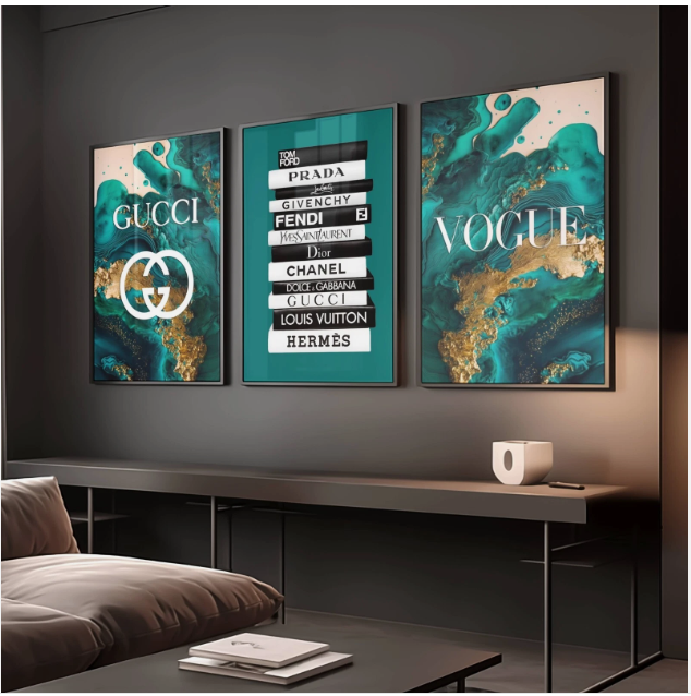 Set of 3 Teal Green & Gold Fashion Designer Prints Gucci Vogue A5 A4 A3