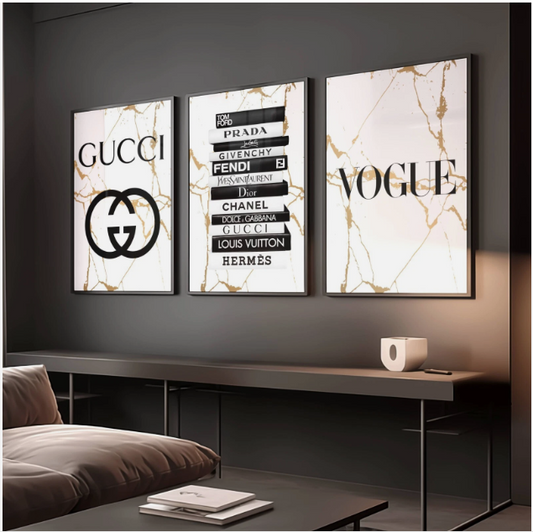 Set of 3 White & Gold Fashion Designer Prints Gucci Vogue A5 A4 A3