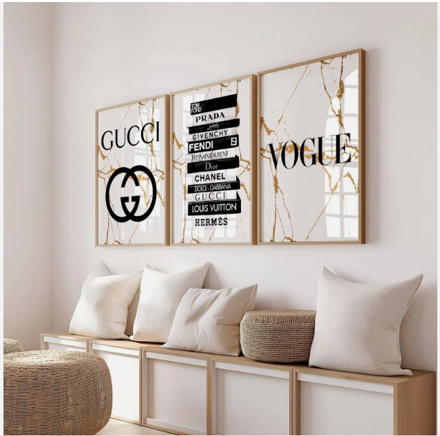 Set of 3 White & Gold Fashion Designer Prints Gucci Vogue A5 A4 A3