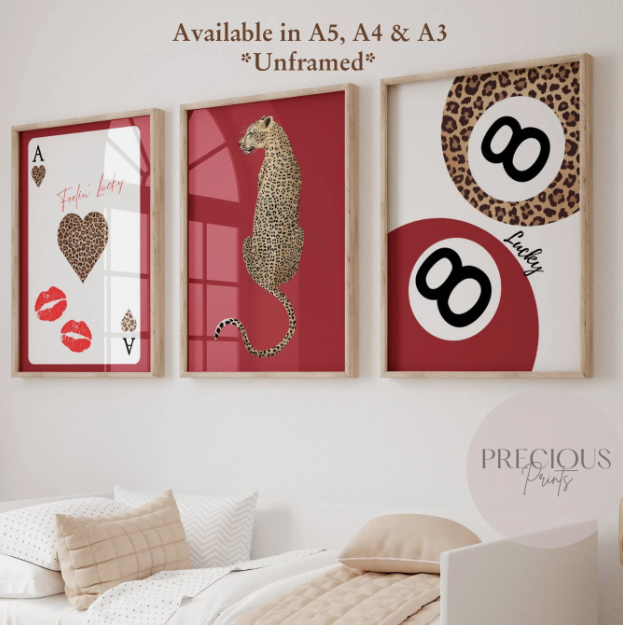Set of 3 Red Trendy Preppy Prints Cheetah Leopard Eclectic Wall Art