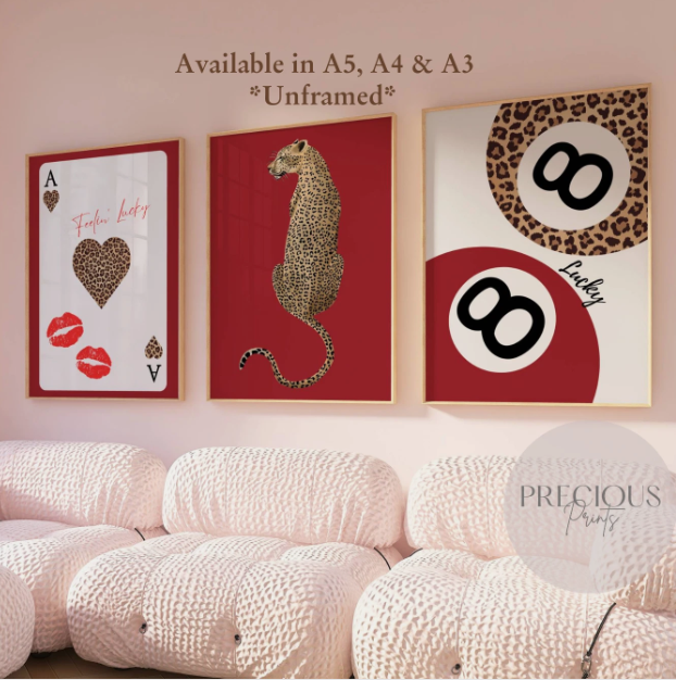 Set of 3 Red Trendy Preppy Prints Cheetah Leopard Eclectic Wall Art