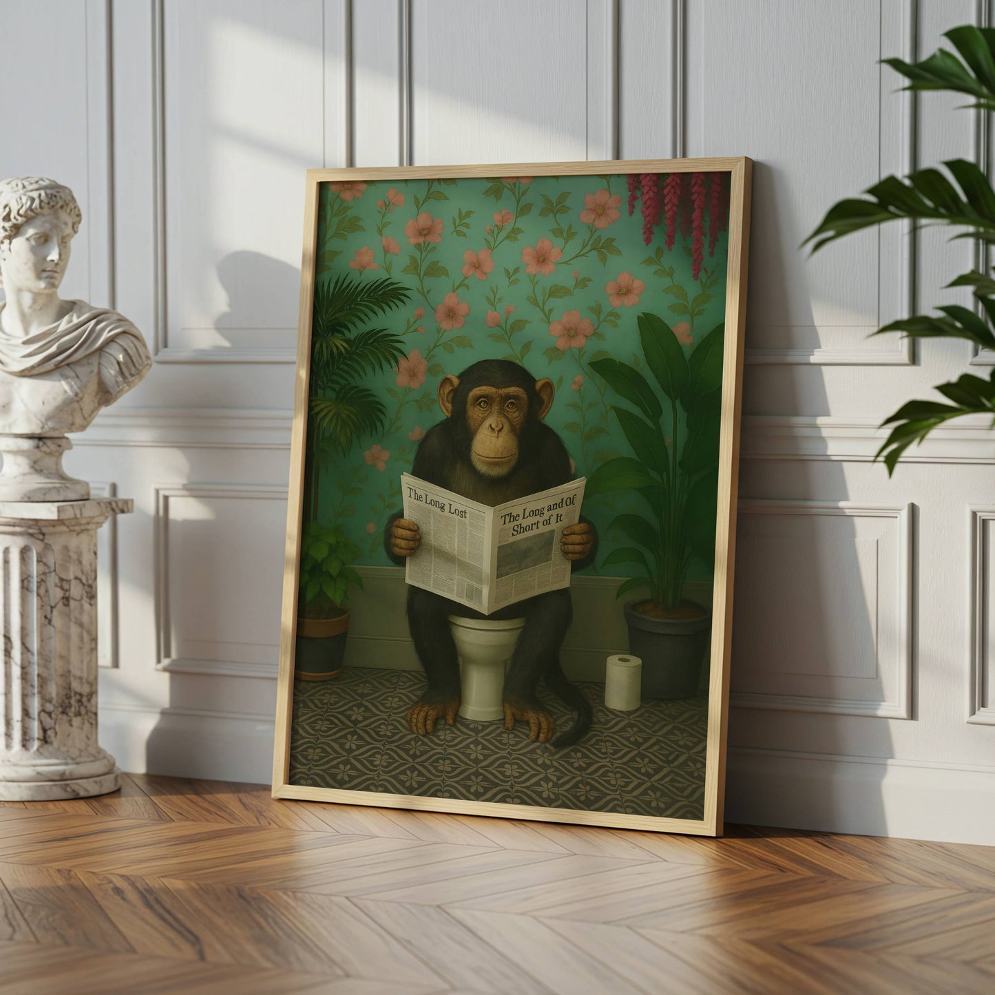 Chimp Reading a Newspaper on the Toilet