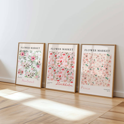 Set of 3 Pink Flower Market Prints