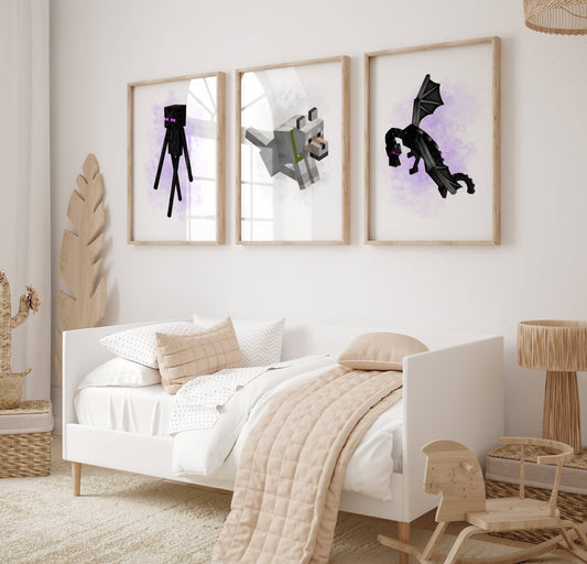 Set of 3 Minecraft Prints / Gaming Prints / Boys Girls Bedroom Prints