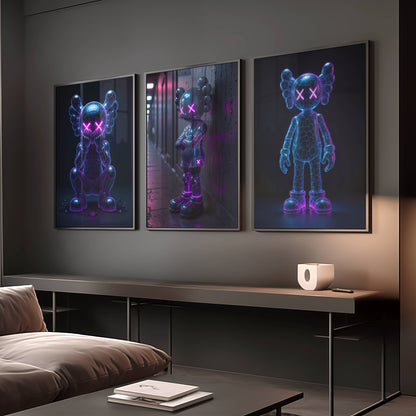 Set of 3 Neon Kaws Exhibition Posters