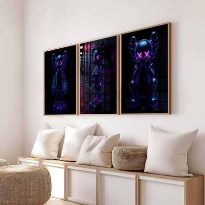 Set of 3 Neon Kaws Exhibition Posters