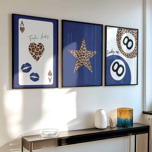 Set of 3 Navy blue Trendy Prints Cheetah Leopard Eclectic Wall Art