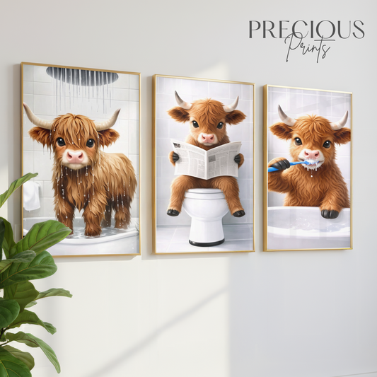 Set of 3 Whimsical Highland Cow Prints