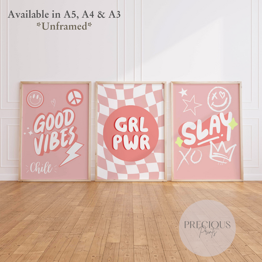 Set of 3 Slay Girl Power Preppy Poster / Trendy Glam Wall Print / Girls Bedroom