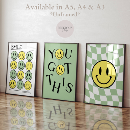 Set of 3 Green Smiley Preppy Prints Motivational Poster / Collage Preppy Poster