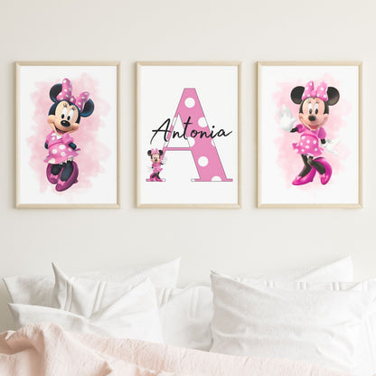 Set of 3 Personalised Girl/boy Nursery bedroom Print / Minnie Mouse A5 A4 A3