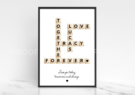Personalised Valentine Anniversary Gift Scrabble Art Print Wedding A5 A4 A3