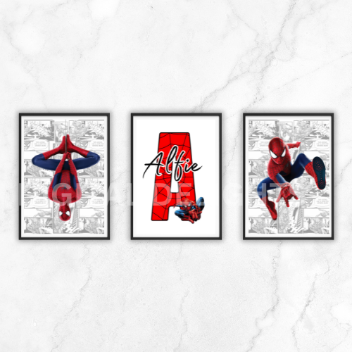 Set of 3 Personalised Girl/boy Nursery bedroom Print / Spiderman A5 A4 A3