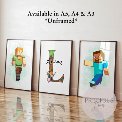 Set of 3 Minecraft Personalised Prints / Gaming Prints / Boys Bedroom Prints
