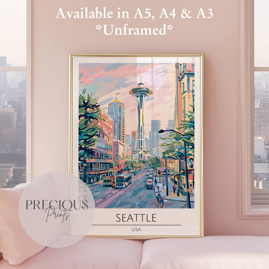 USA, Seattle Travel Print Poster / Vintage Wall Art / A5 A4 A3