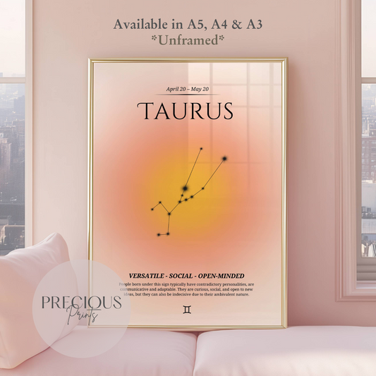 Taurus Zodiac Print / Preppy Trendy Wall Art Poster / A5 A4 A3 Unframed Pink