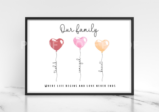 Personalised Valentines Gift Family Print Balloon Family Print Wedding A5 A4 A3