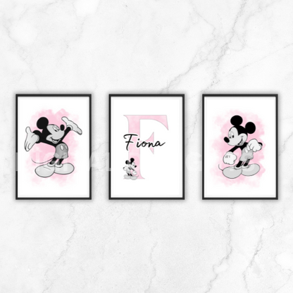 Set of 3 Personalised Girl/boy Nursery bedroom Print / Mickey Mouse A5 A4 A3