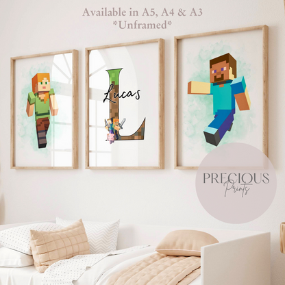 Set of 3 Minecraft Personalised Prints / Gaming Prints / Boys Bedroom Prints