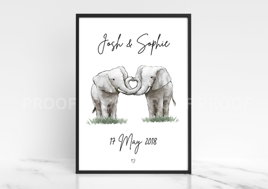 Personalised Valentine Elephants Anniversary Wedding print A5 A4 A3