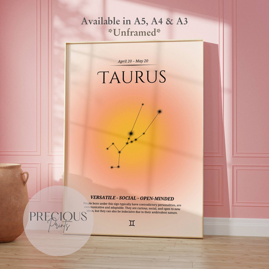 Taurus Zodiac Print / Preppy Trendy Wall Art Poster / A5 A4 A3 Unframed Pink