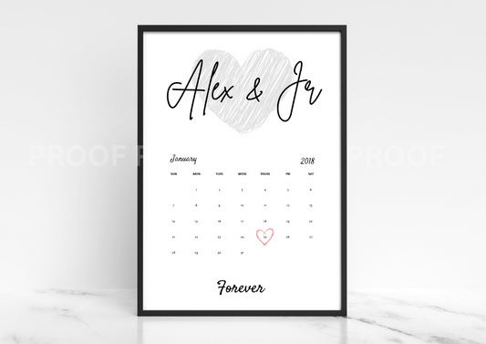 Personalised Valentine Anniversary Gift Calendar Art day we met print A5 A4 A3