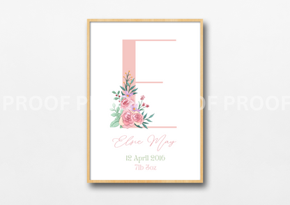 Childrens Personalised Print New baby Nursery Elegant Floral A5 A4 A3