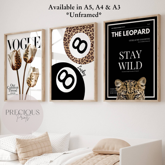 Set of 3 Trendy Preppy Prints Cheetah Leopard Print 8 Ball Wall Art A5 A4 A3