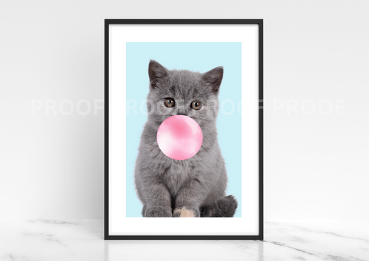 Kitten Cat Blowing Bubble Poster Print Bubble Gum Kitten Cat A5 A4 A3