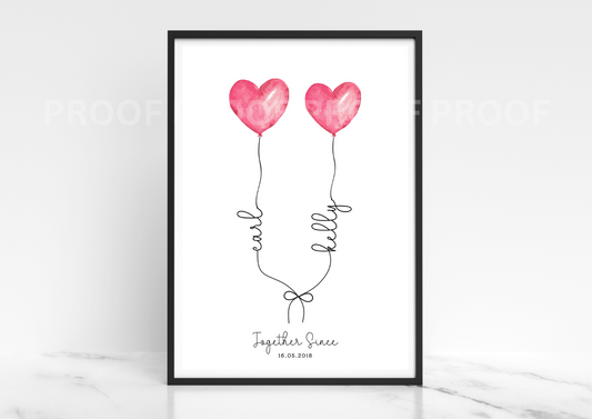 Personalised Valentine Anniversary Gift Balloon Art Print Wedding A5 A4 A3