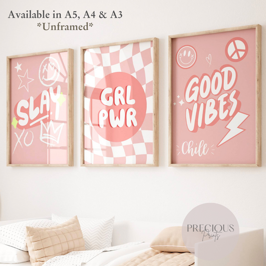 Set of 3 Slay Girl Power Preppy Poster / Trendy Glam Wall Print / Girls Bedroom