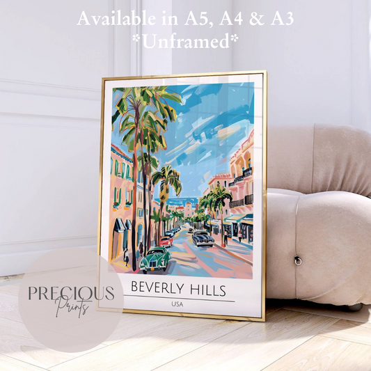 USA - Beverly Hills LA Travel Print Poster / Vintage Wall Art / Giclee A5 A4 A3