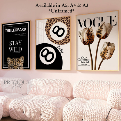 Set of 3 Trendy Preppy Prints Cheetah Leopard Print 8 Ball Wall Art A5 A4 A3