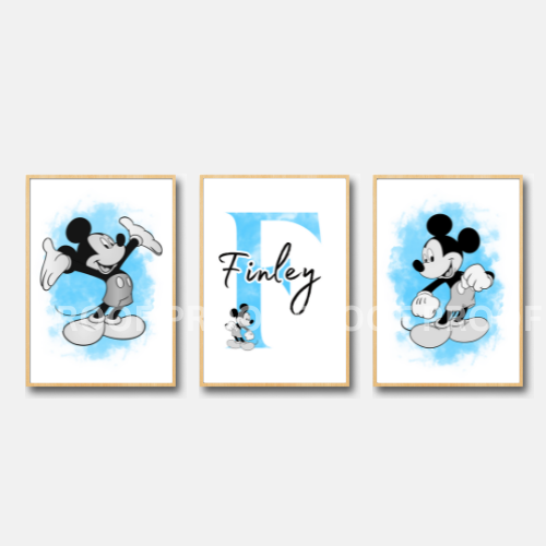 Set of 3 Personalised Girl/boy Nursery bedroom Print / Mickey Mouse A5 A4 A3