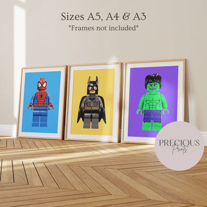 Set of 6 or 3 Superhero Minifigure Prints / A5 A4 A3 / Unframed