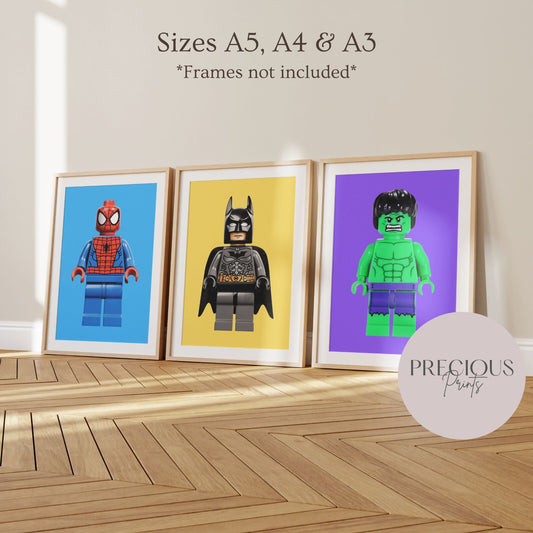 Set of 6 or 3 Superhero Minifigure Prints / A5 A4 A3 / Unframed