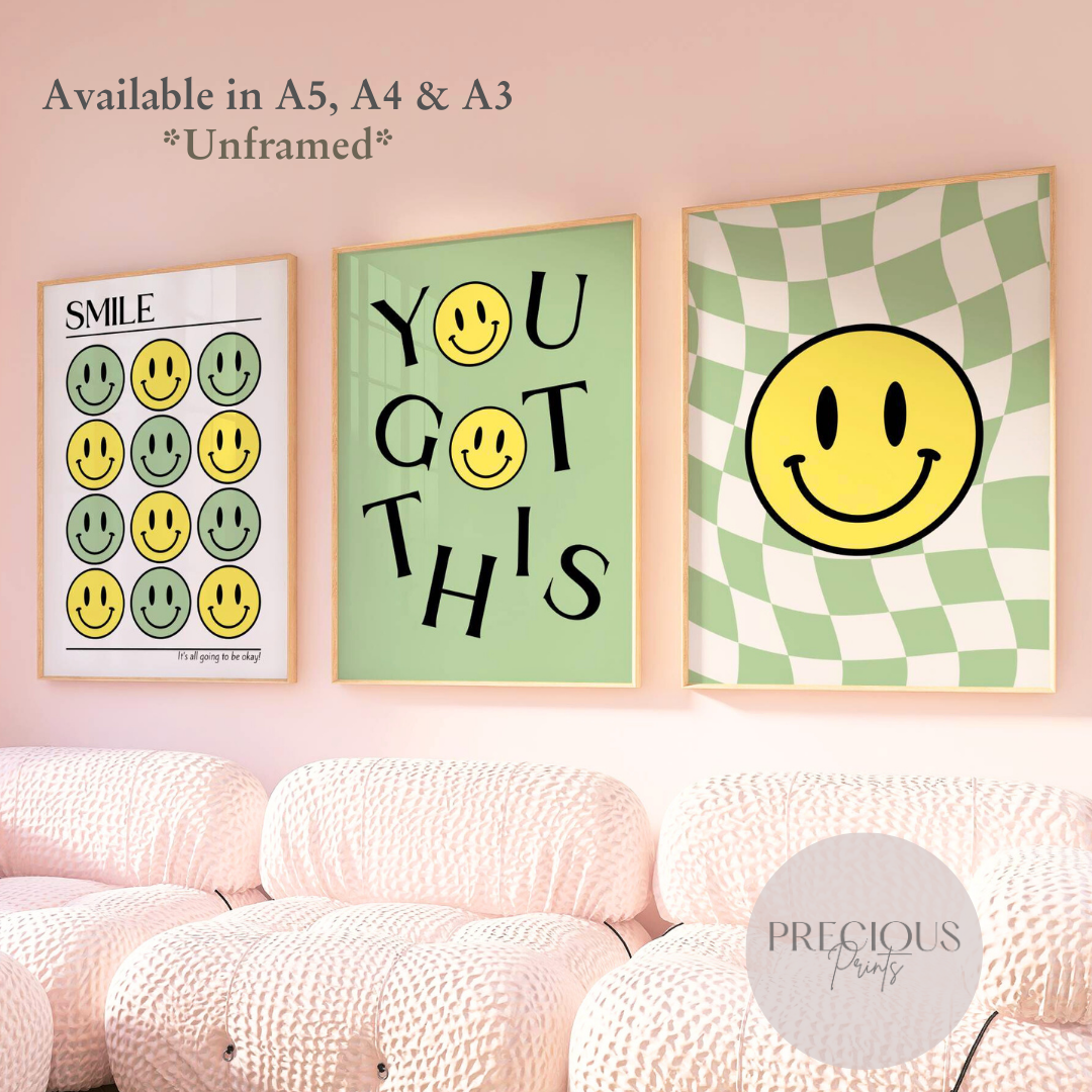 Set of 3 Green Smiley Preppy Prints Motivational Poster / Collage Preppy Poster