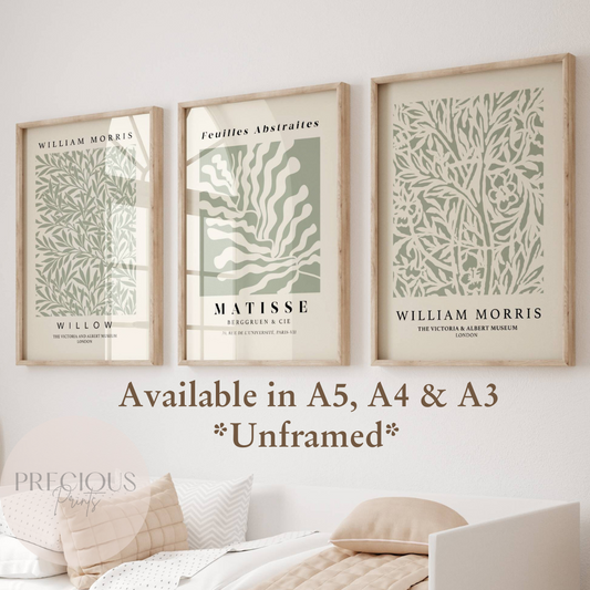 Set of 3 Matisse William Morris Prints A5 A4 A3 Art Exhibition Sage Green Poster