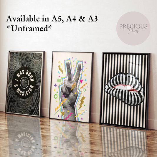 Set of 3 Eclectic Music Posters / Trendy Prints / ''Born A Musician'' / A5 A4 A3