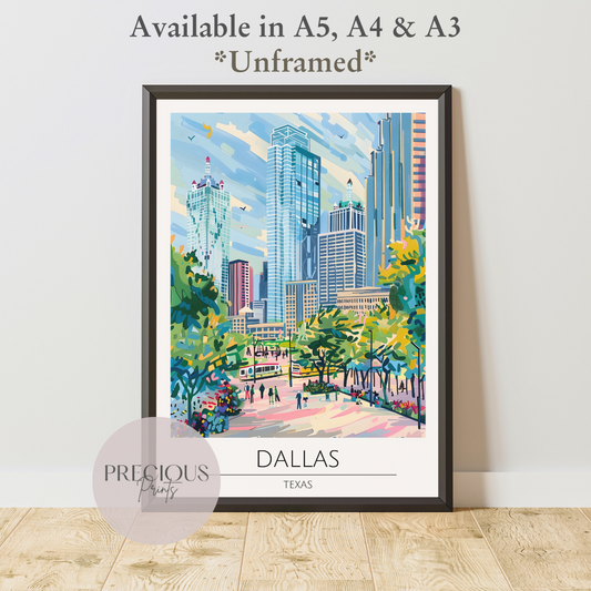 Texas, Dallas Travel Print Poster / Vintage Wall Art / A5 A4 A3 / Unframed