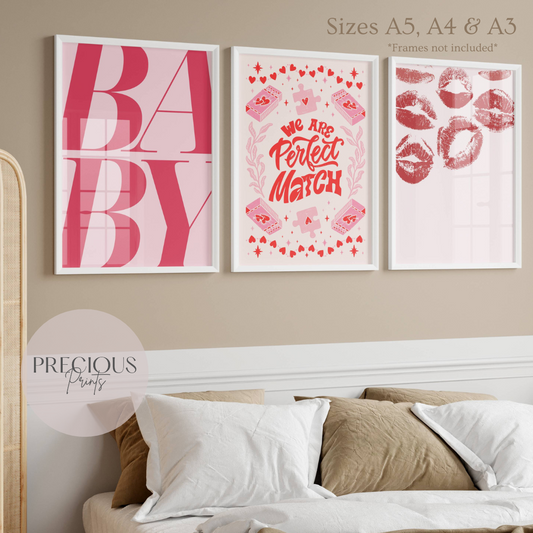Set of 3 Romantic Preppy Art Prints / Pink Red Preppy Art / His Hers Unframed