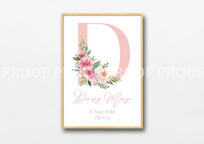 Childrens Personalised Print New baby Nursery Elegant Floral A5 A4 A3