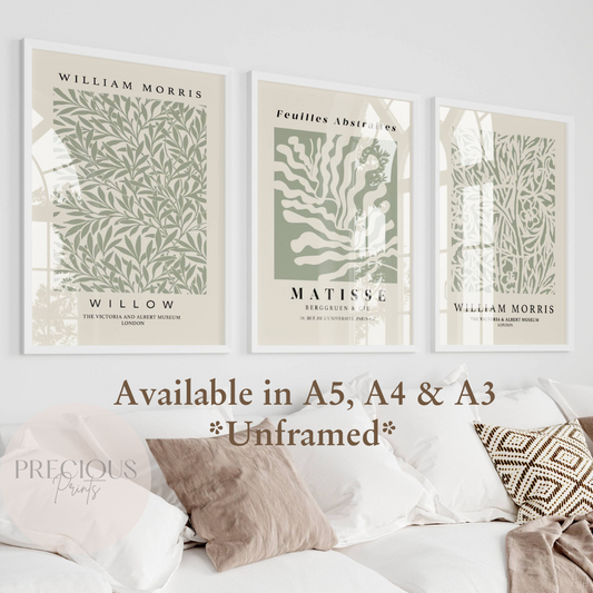 Set of 3 Matisse William Morris Prints A5 A4 A3 Art Exhibition Sage Green Poster