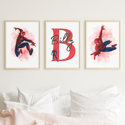 Set of 3 Personalised Girl/boy Nursery bedroom Print / Spiderman A5 A4 A3