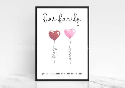 Personalised Valentines Gift Family Print Balloon Family Print Wedding A5 A4 A3