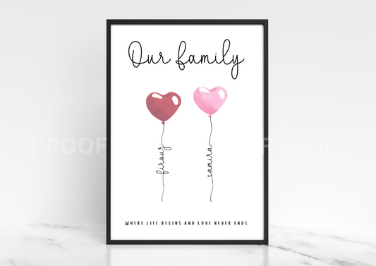 Personalised Valentines Gift Family Print Balloon Family Print Wedding A5 A4 A3